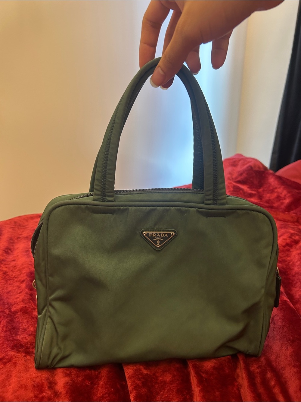 Prada Dark Green Nylon Toiletry Bag with Top Handles